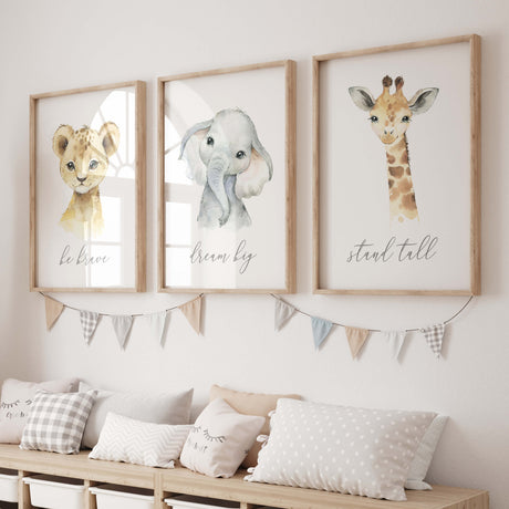 Set of 3 watercolor safari printable with inspirational quote for gender neutral nursery decor, boho nursery decor, includes: lion - be brave, Elephant - dream big, Giraffe - stand tall,