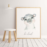 Set of hippo print with be kind inspirational quote for gender neutral nursery decor, boho nursery decor.