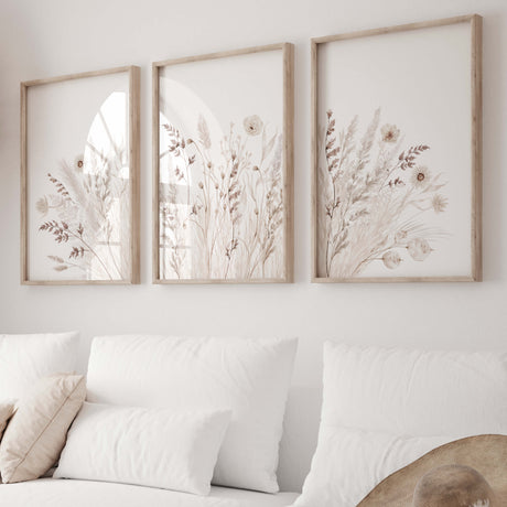 Beige boho flower print for neutral home decor.