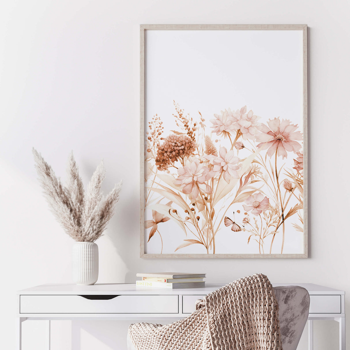 Watercolor wildlfower in peach, blush, orange, burgundy, pink colors for boho home decor