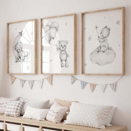 Watercolor teddy bear on the cloud print in gray color for gender neutral nursery decor.