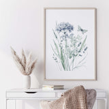 Watercolor light blue and purple wildflower print for white home decor.