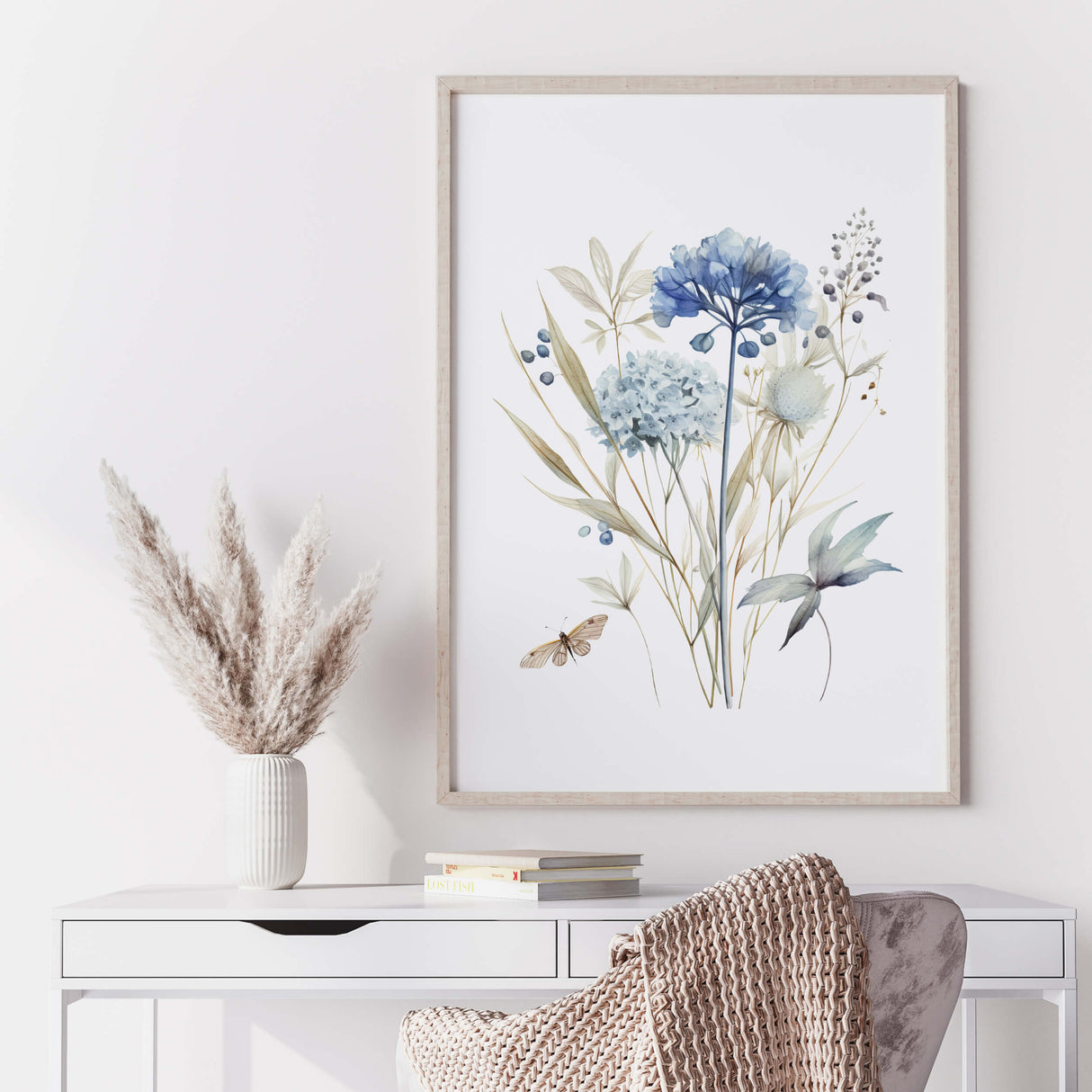 Watercolor blue wildflower print for neutral spring home decor.