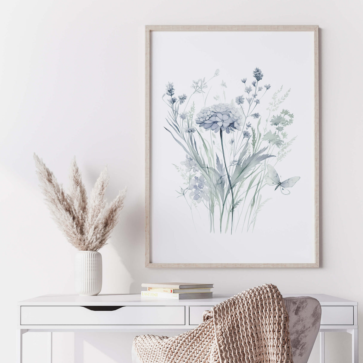 Watercolor light blue and purple wild flower print for neutral home decor.