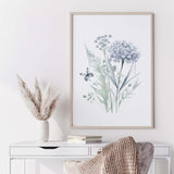 Watercolor light blue and purple wild flower print for boho home decor.