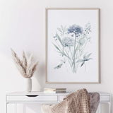 Watercolor light blue and purple wild flower poster for neutral home decor.