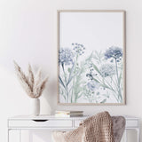 Watercolor light blue purple wildflower print for neutral home decor.