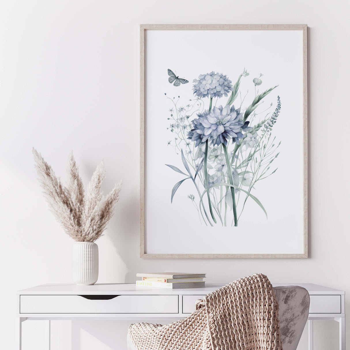 Watercolor light blue and purple wild flower printable for neutral home decor.