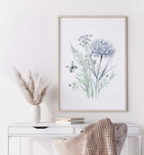 Watercolor light blue and purple wildflower print for blue green home decor.