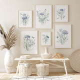 Watercolor light blue and purple wildflower printable for neutral home decor.