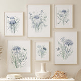 Watercolor light blue and purple wildflower print for neutral home decor.