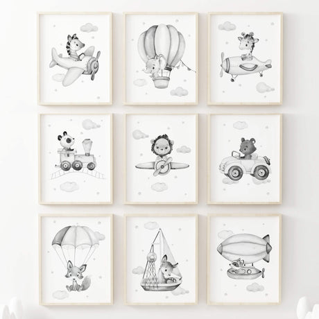 Set of 10 gray safari and woodland animals with airplane, helicopter, car, train, airship, ship print for neutral nursery decor, sage green nursery decor, black and white nursery decor, gray nursery decor.