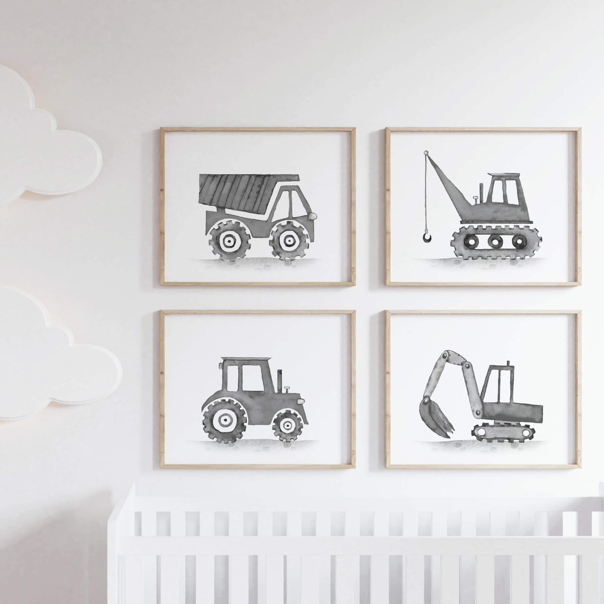 Set of 4 watercolor construction vehicle print in black , gray colors for baby boys room decor, toddler room decor, nursery room decor, vehicles: tractor, cement mixer, crane, digger, dump truck, bulldozer