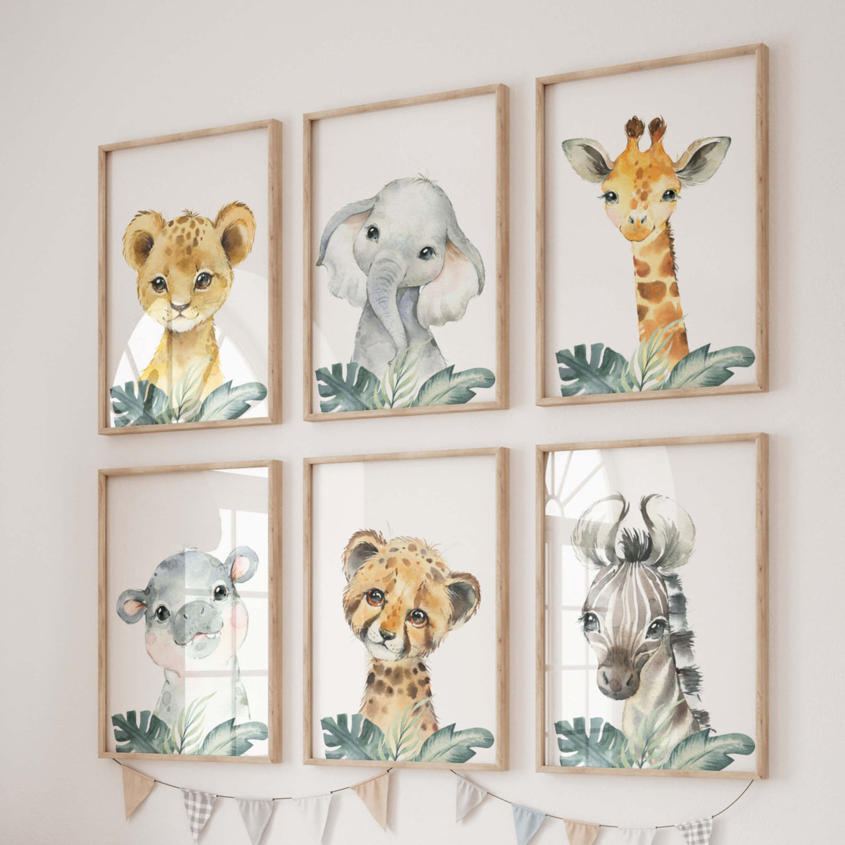 Watercolor safari animals print with leaves for gender neutral nursery decor, baby boys room decor, girls room decor, boho room decor, animals: lion, elephant, giraffe, hippo, leopard, zebra.