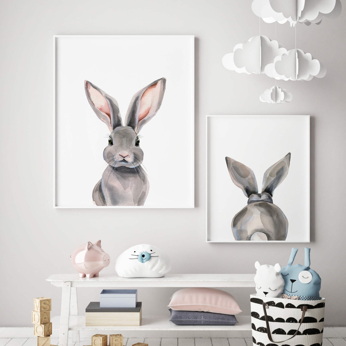 Watercolor bunny from front and back with bunny tail poster for gender neutral nursery decor, girls room decor, boys room decor, fashion home decor.