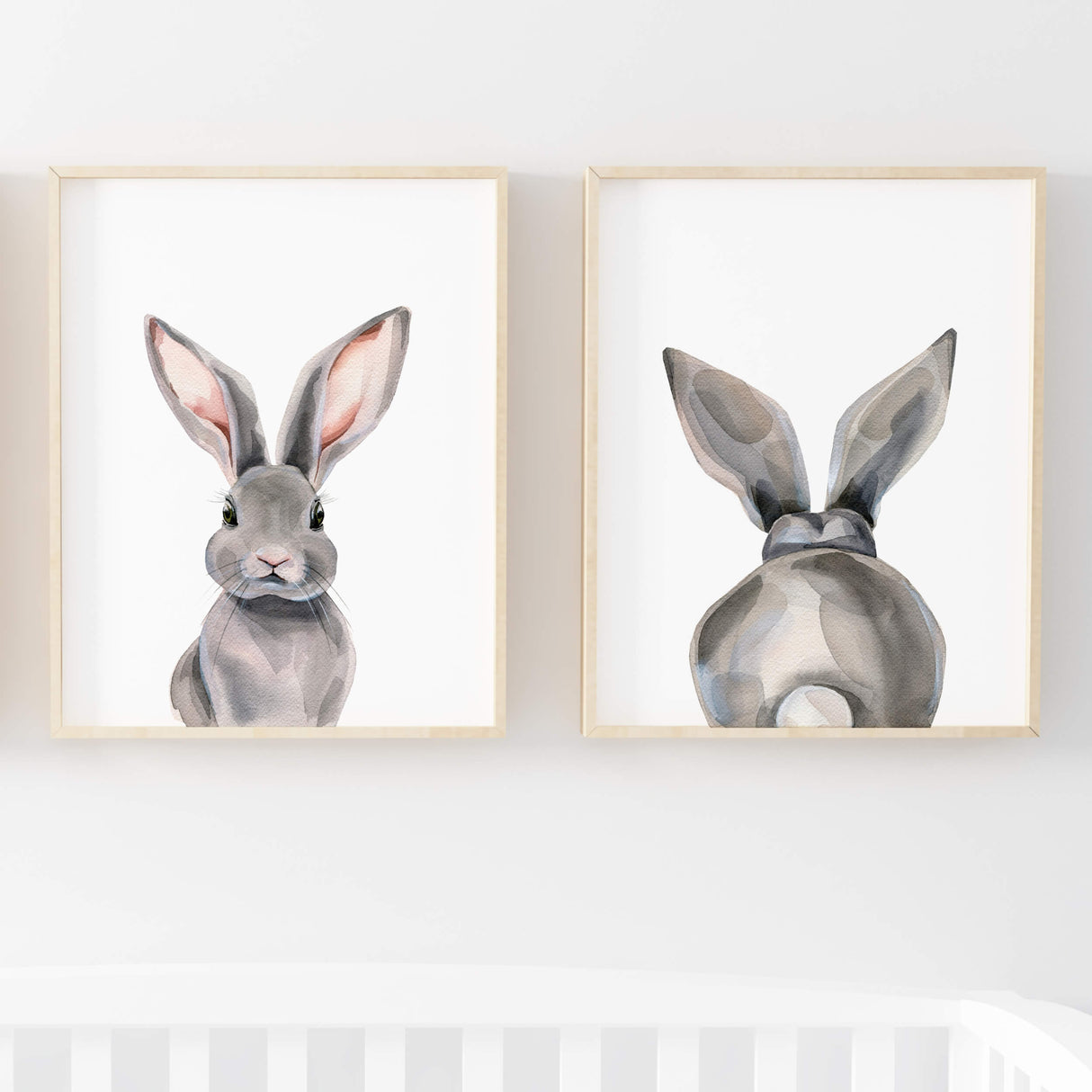 Watercolor bunny from front and back with bunny tail printable for gender neutral nursery decor, girls room decor, boys room decor, fashion home decor.