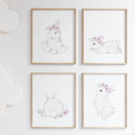 Watercolor bunny print with bunny tail in white, gray, purple, lilac colors for baby girls room decor.