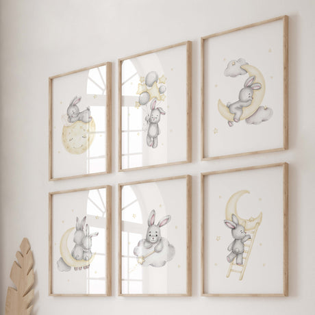 Watercolor bunny printable in gray and yellow colors for baby girsl room decor, gender neutral nursery decor, blue nursery decor, yellow nursery decor.