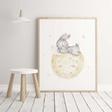 Watercolor bunny with stars, moon, clud, balloon print in gray and yellow colors for baby girsl room decor, gender neutral nursery decor, blue nursery decor, yellow nursery decor.