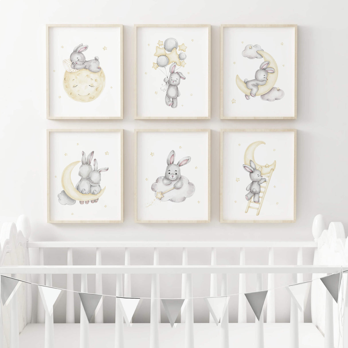 Watercolor bunny with stars, moon, clud, balloon poster in gray and yellow colors for baby girsl room decor, gender neutral nursery decor, blue nursery decor, yellow nursery decor.