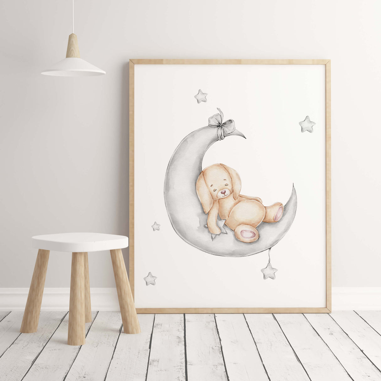 Watercolor bunny on the moon printable in gray and beige colors for gender neutral nursery decor, baby boys room decor, baby girls room decor.