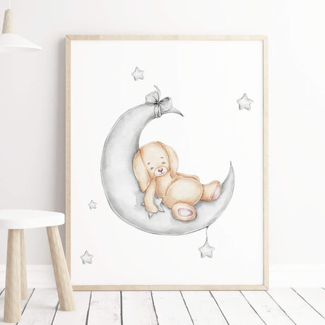 Watercolor bunny on the moon print in beige and gray colors for gender neutral nursery decor, baby boys room decor, baby girls room decor.