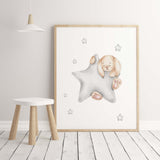 Watercolor bunny with stars printable in gray and beige colors for gender neutral nursery decor, baby boys room decor, baby girls room decor.