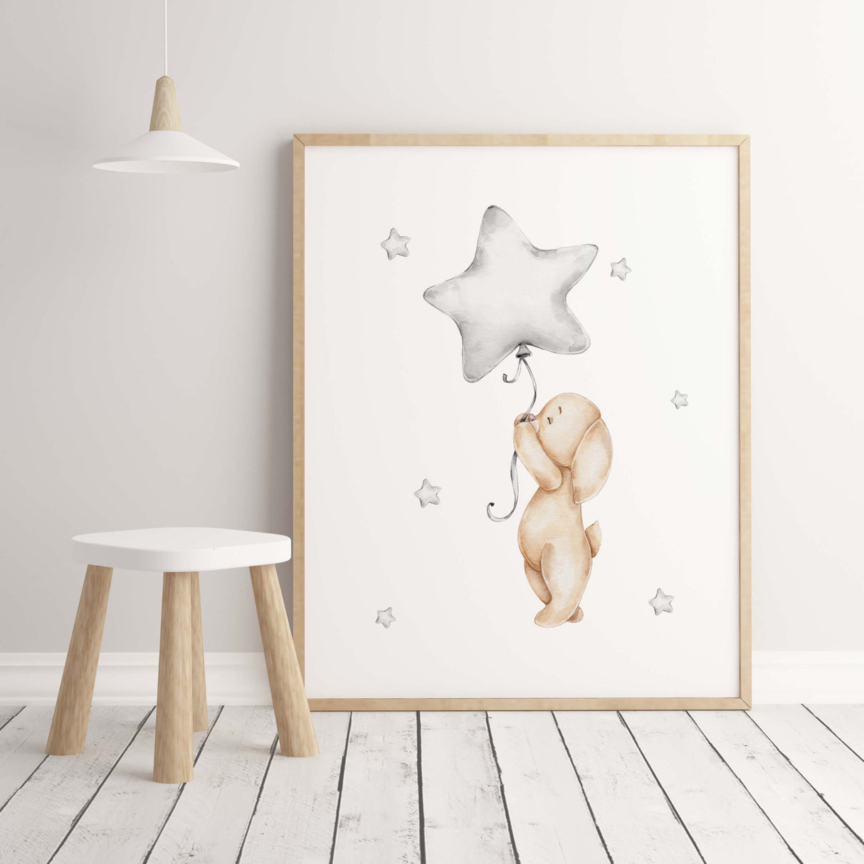 Watercolor bunny print with star ballon in gray and beige colors for gender neutral nursery decor, baby boys room decor, baby girls room decor.