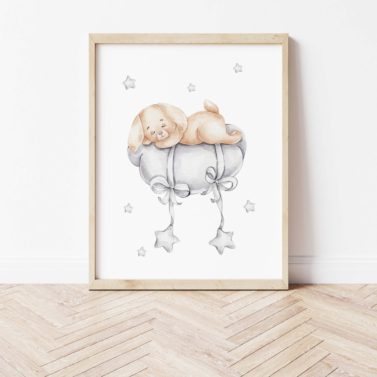 Watercolor bunny printable with cloud in gray and beige colors for gender neutral nursery decor, baby boys room decor, baby girls room decor.