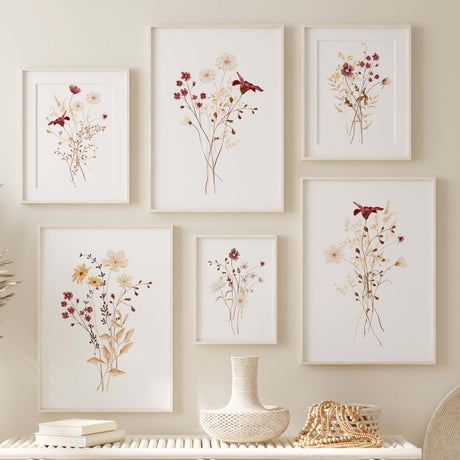 Watercolor burgundy, beige , brown wildflower print for autumn home decor.