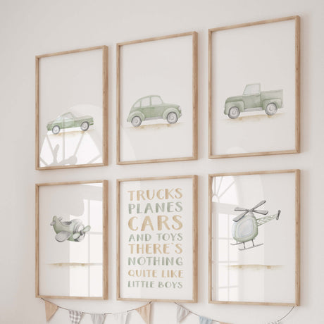 Set of 6 watercolor sage green vintage car and airplane printable with quote for toddler room decor, baby boys room decor.