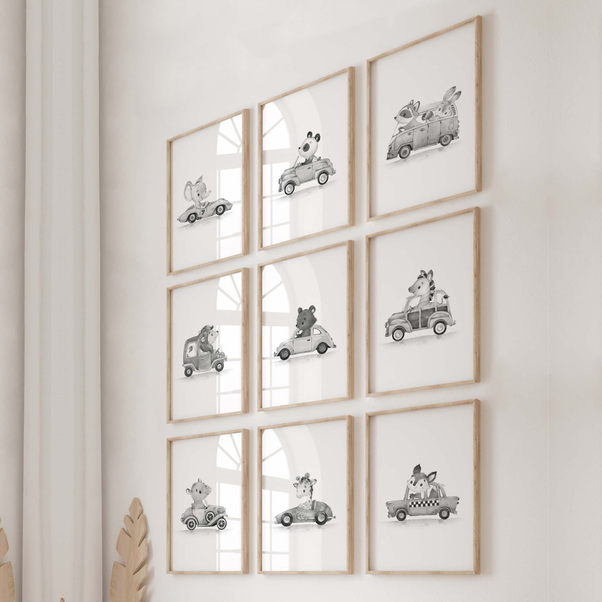 Watercolor gray vintage cars print with animals for toddler room decor, baby room decor, kids room decor.