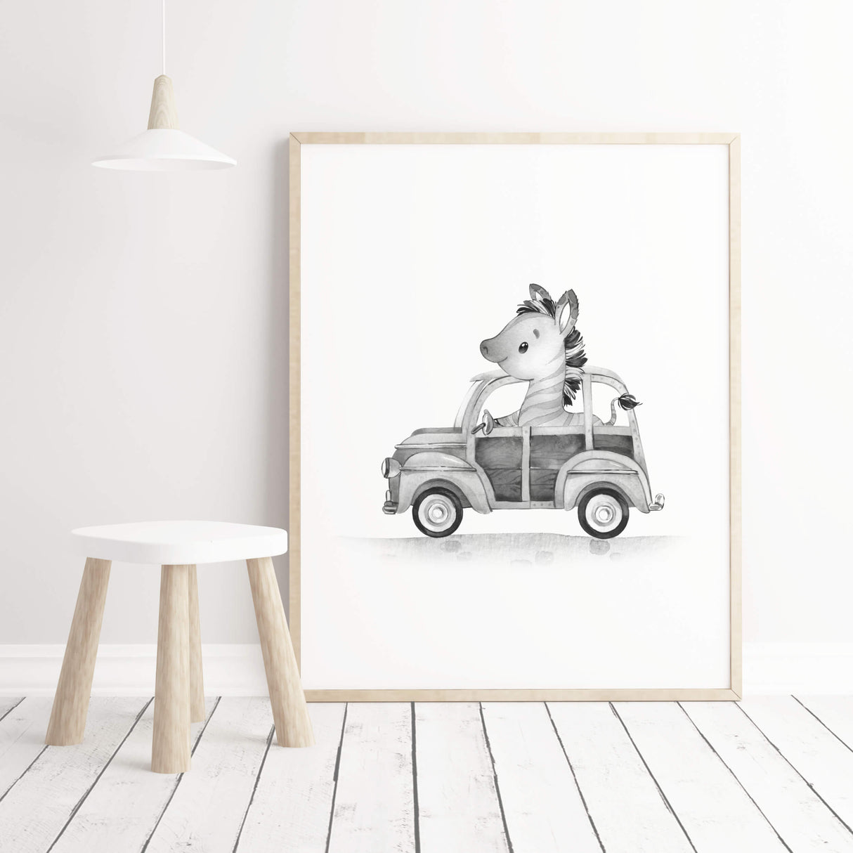 Watercolor gray vintage cars print with zebra with animals for toddler room decor, baby room decor, kids room decor.