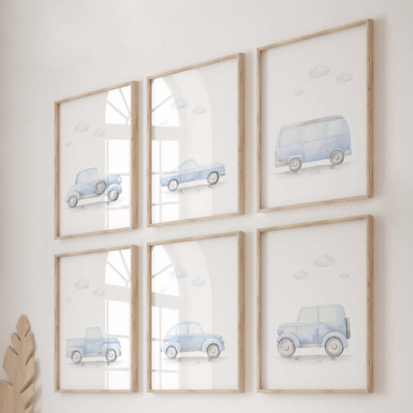 Light blue car print for baby boys and toddler room decor.