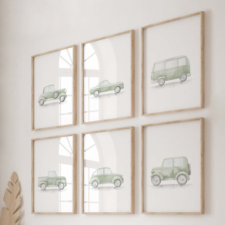 Watercolor car print in sage green neutral color for toddler and baby boys room decor.