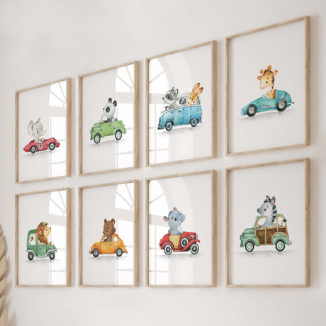 Watercolor cars with animals print for toddler and boys room decor.