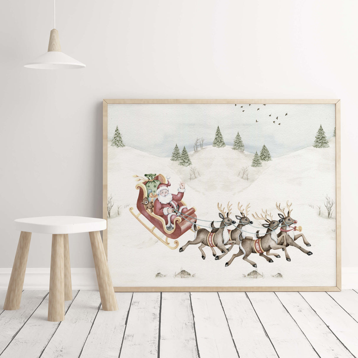 Winter Landscape Nursery Poster with Santa's Sleigh with Deer for christmas nursery decor.