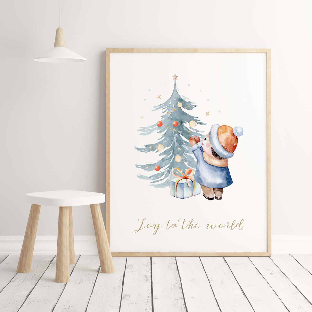 Watercolor christmas nursery print with Joy to the world quote for christmas and winter nursery wall decor..