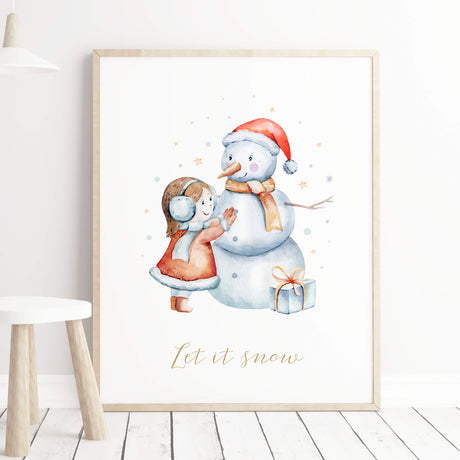 Watercolor christmas nursery print with snowmen, girl and let it snow quote for gender neutral christmas nursery decor.