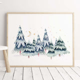 Watercolor pine trees nursery print for christmas nursery decor.