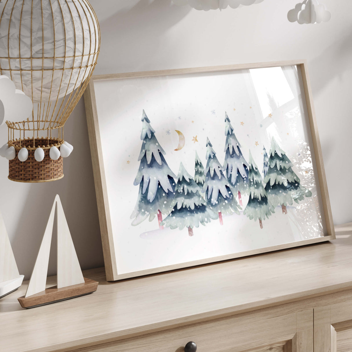 Watercolor pine trees nursery print for christmas home decor.