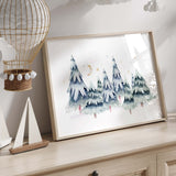 Watercolor pine trees nursery print for christmas home decor.