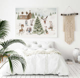 Watercolor winter landscape nursery printable with pine tree, woodland animal, houses, snowy landscape in earth colors for christmas neutral nursery wall decor.