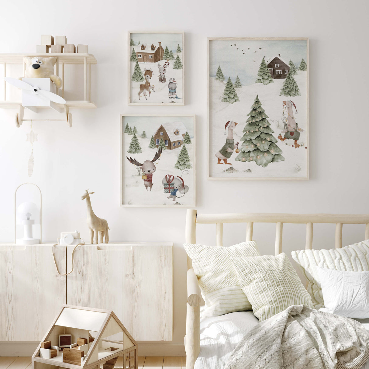 Set of 3 watercolor winter landscape nursery print with woodland animals, pine tree and houses in earth tone colors for gender neutral christmas nursery decor.