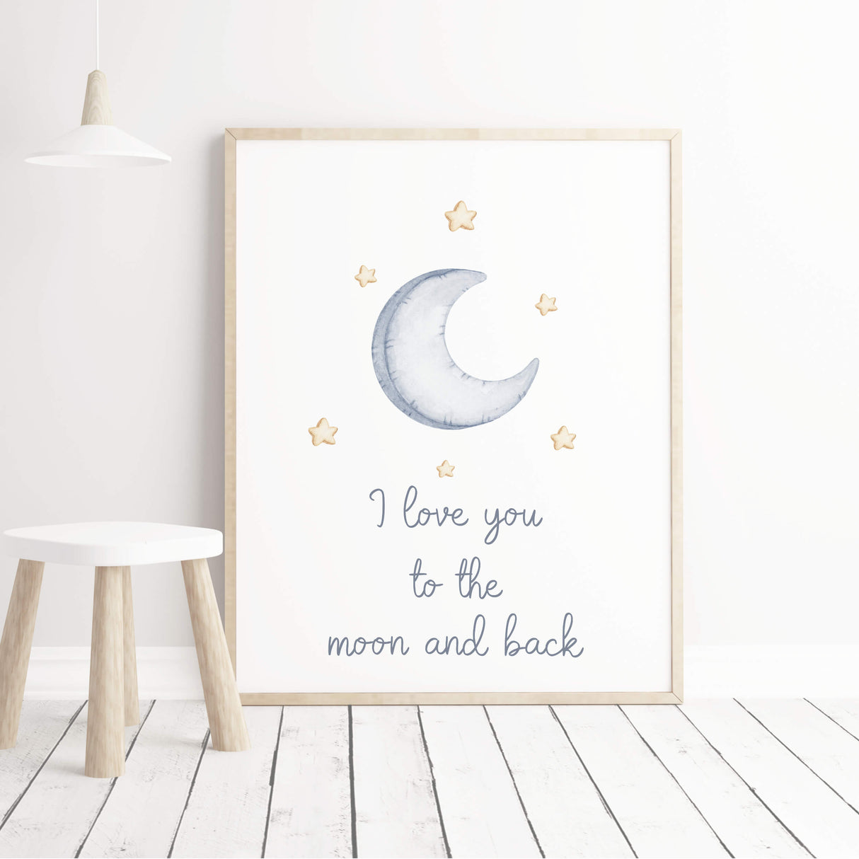 Watercolor star, cloud, moon nursery poster with quote in blue and yellow colors for gender neutral nursery decor, quote: I love you to the moon and back