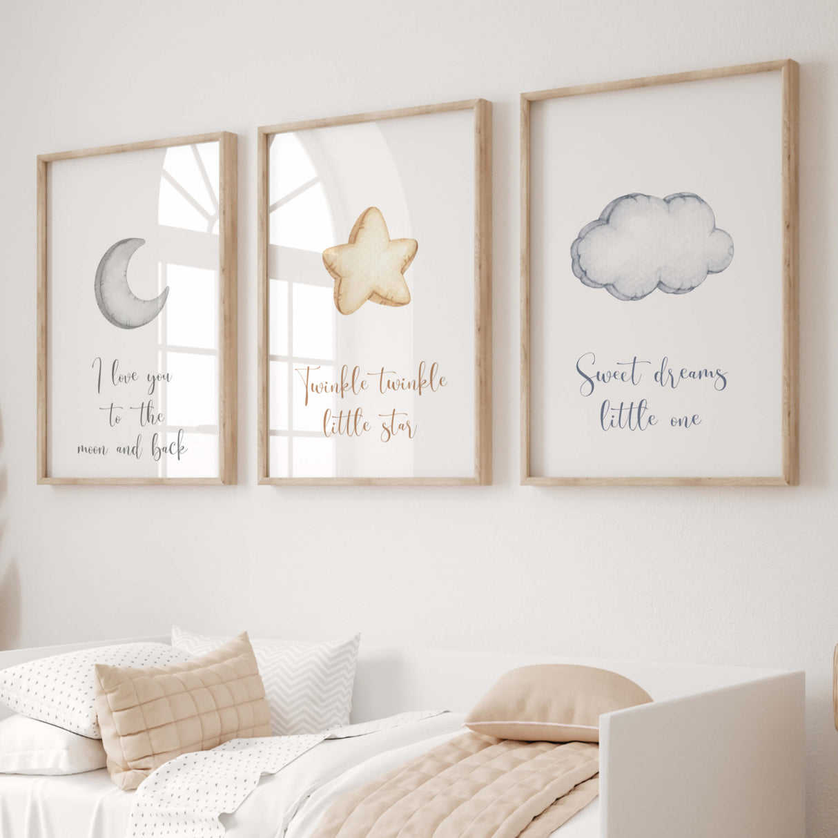 Watercolor star, cloud, moon nursery printable for gender neutral nursery decor, baby boys room decor, baby girls room decor, quote: I love you to the moon and back, Twinkle twinkle little star, Sweet dreams little one.