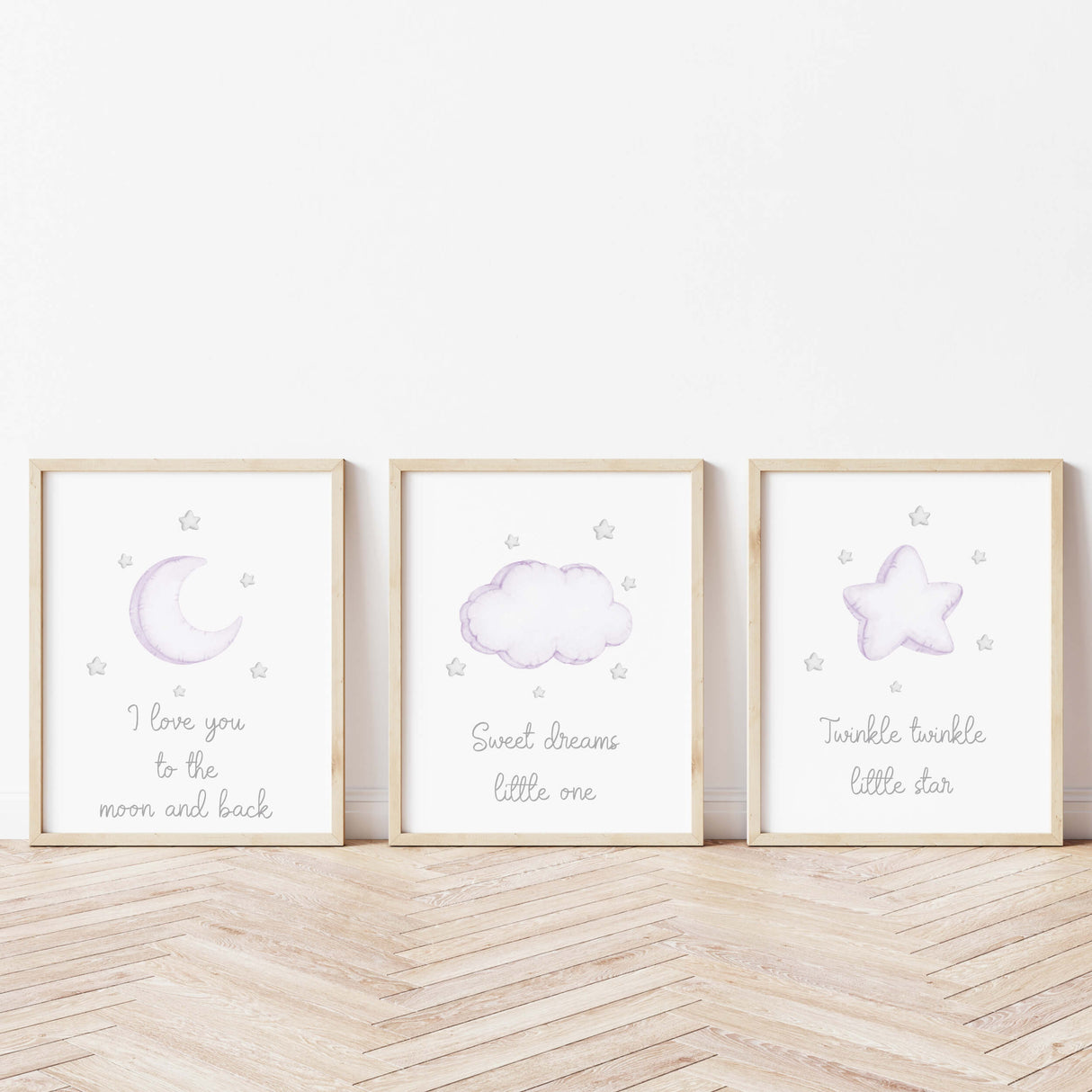 Watercolor star, cloud, moon nursery poster with quote in purple, lilac and gray colors for baby girls room decor, quote: I love you to the moon and back, Twinkle twinkle little star, Sweet dreams little one