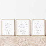 Watercolor star, cloud, moon nursery poster with quote in purple, lilac and gray colors for baby girls room decor, quote: I love you to the moon and back, Twinkle twinkle little star, Sweet dreams little one