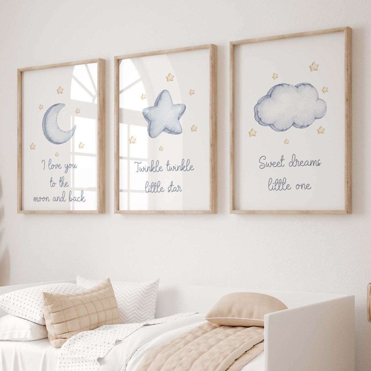 Set of 3 watercolor star, cloud, moon nursery print with quote in blue and yellow colors for gender neutral nursery decor, quote: I love you to the moon and back, Twinkle twinkle little star, Sweet dreams little one.