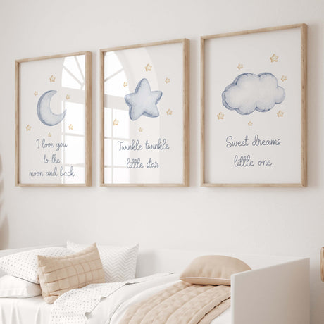 Set of 3 watercolor star, cloud, moon nursery print with quote in blue and yellow colors for gender neutral nursery decor, quote: I love you to the moon and back, Twinkle twinkle little star, Sweet dreams little one.